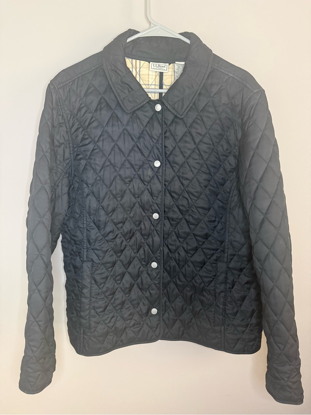 Vtg L.L.Bean Women's Black Diamond Quilted Riding Jacket Tan Plaid Lining XL
